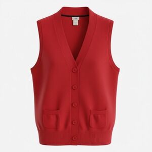 LL Bean Red Button Down Front Pockets V Neck Cardigan Vest Women's Size L Cotton